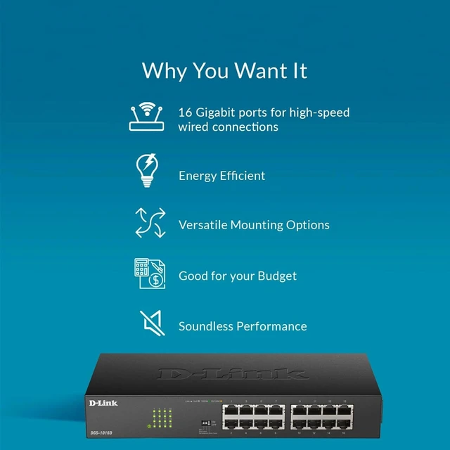Alt view image 5 of 7 - D-Link 16-Port Unmanaged Ethernet Switch, Fanless, Sturdy Metal with Shielded Ports, QoS, Fanless, Port Isolation, Storm Control, Desktop/Rackmount, Energy Saving, Follows NDAA/TAA (DGS-1016D)