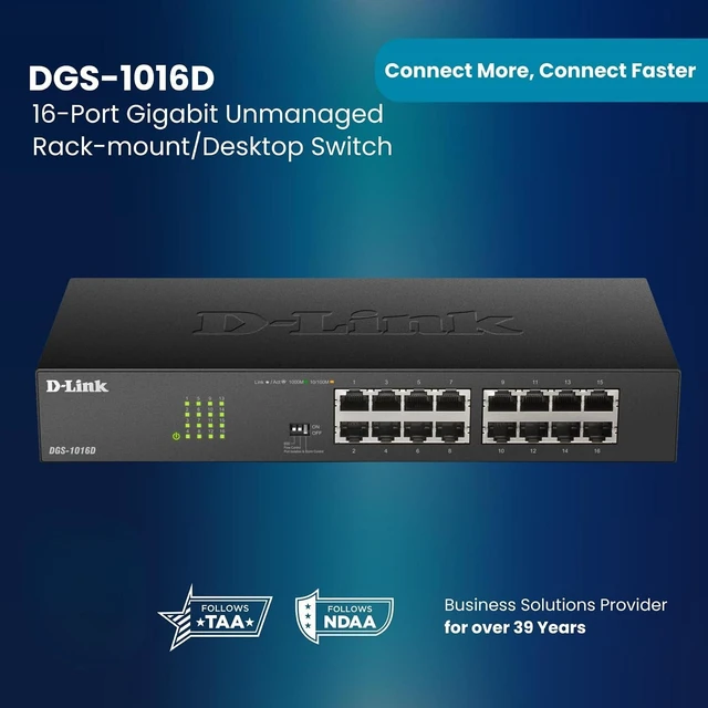 Alt view image 6 of 7 - D-Link 16-Port Unmanaged Ethernet Switch, Fanless, Sturdy Metal with Shielded Ports, QoS, Fanless, Port Isolation, Storm Control, Desktop/Rackmount, Energy Saving, Follows NDAA/TAA (DGS-1016D)