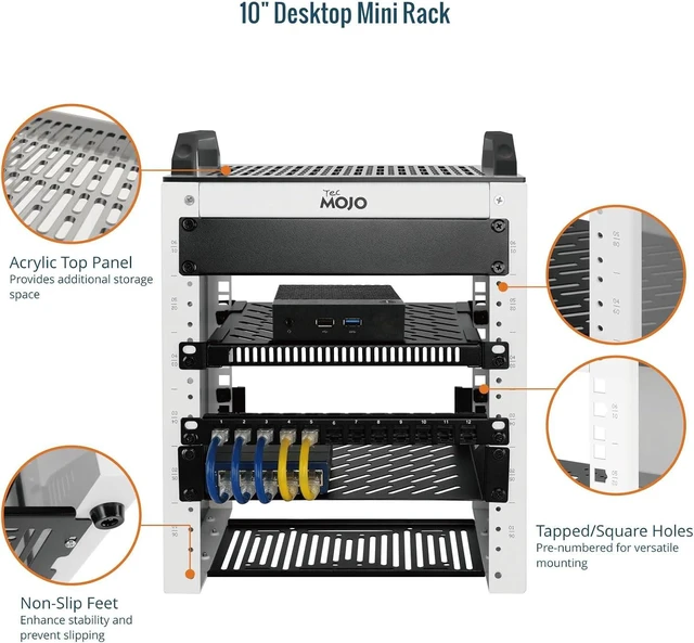 Alt view image 3 of 7 - Tecmojo 6U Network Rack, 10 inch Mini Server Rack with 2 Side Translucent Panels & 2 Top Handles, 7.87 inch Deep, for 10 inch IT Equipment & A/V Devices, White