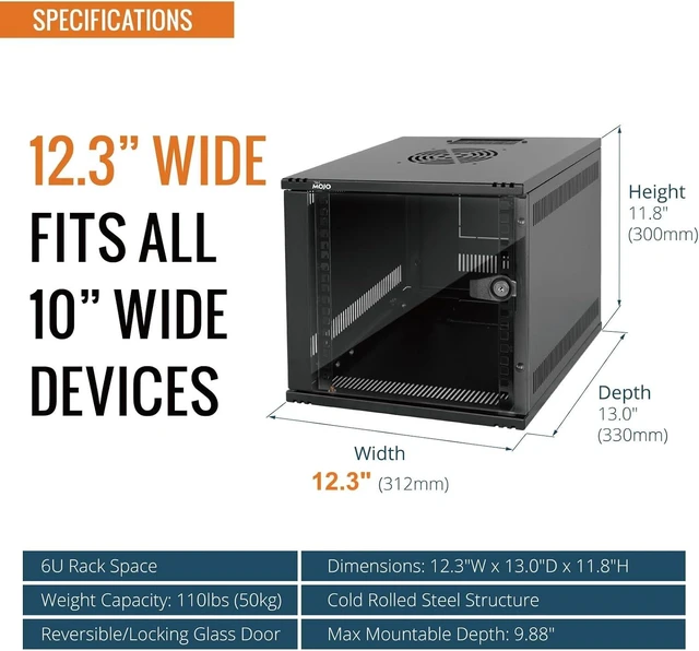 Alt view image 2 of 6 - Tecmojo 6U 10 inch Rack, Wall Mount Network Cabinet Set,12.3W x 13D x 11.8H- Load Capacity 110Lbs(50 kg),Black 10" Wall Housing Server Rack Set