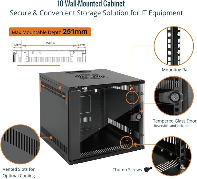 Alt view image 3 of 6 - Tecmojo 6U 10 inch Rack, Wall Mount Network Cabinet Set,12.3W x 13D x 11.8H- Load Capacity 110Lbs(50 kg),Black 10" Wall Housing Server Rack Set