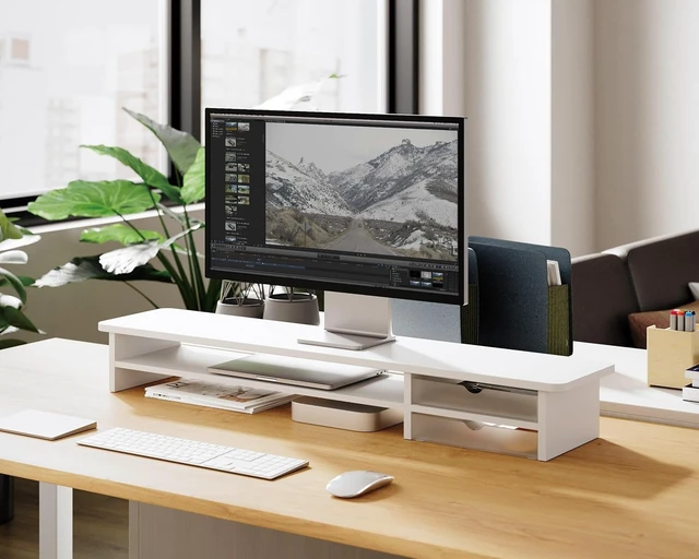 Alt view image 2 of 7 - Fenge Monitor Stand, Desk Computer Riser with Frosted Storage Drawer, White