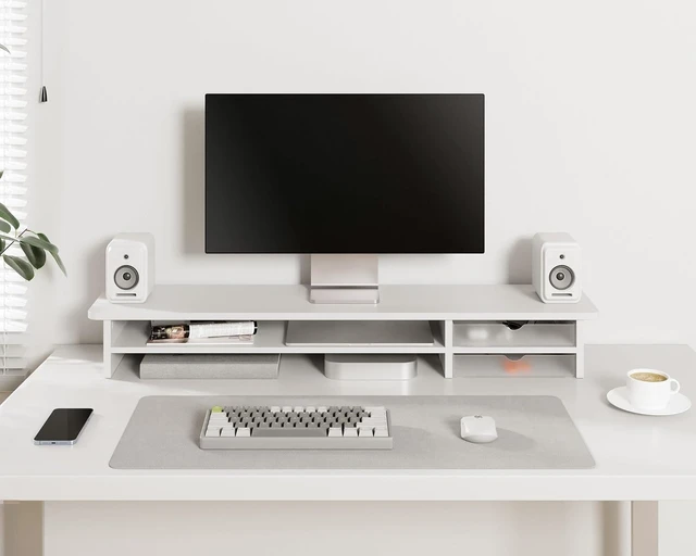 Alt view image 6 of 7 - Fenge Monitor Stand, Desk Computer Riser with Frosted Storage Drawer, White