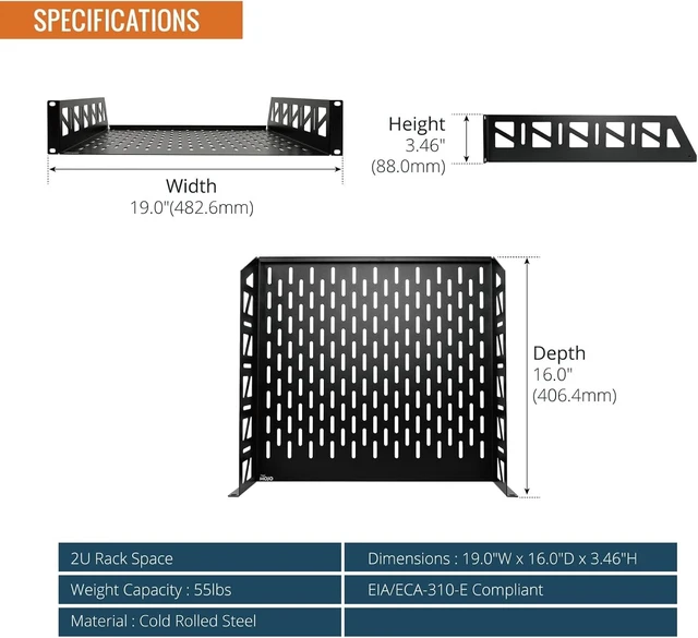 Alt view image 2 of 7 - Tecmojo 2 Pack 2U Rack Shelf,19 inch Rack Mount Shelf 16 inch Depth,with Anti-Slip Stops,Server Rack Shelf and Network Shelf for 19 in Equipments, 55lbs Capacity of Vented 2U Shelf,Black,No Lip