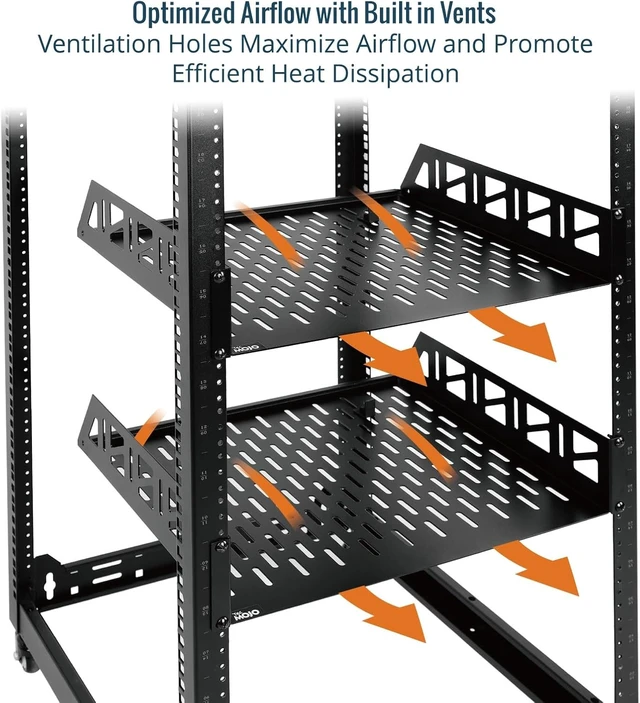 Alt view image 4 of 7 - Tecmojo 2 Pack 2U Rack Shelf,19 inch Rack Mount Shelf 16 inch Depth,with Anti-Slip Stops,Server Rack Shelf and Network Shelf for 19 in Equipments, 55lbs Capacity of Vented 2U Shelf,Black,No Lip