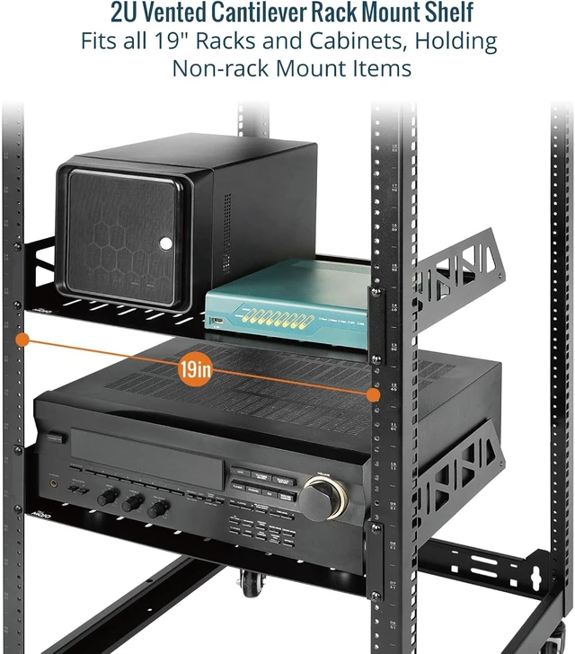 Alt view image 5 of 7 - Tecmojo 2 Pack 2U Rack Shelf,19 inch Rack Mount Shelf 16 inch Depth,with Anti-Slip Stops,Server Rack Shelf and Network Shelf for 19 in Equipments, 55lbs Capacity of Vented 2U Shelf,Black,No Lip