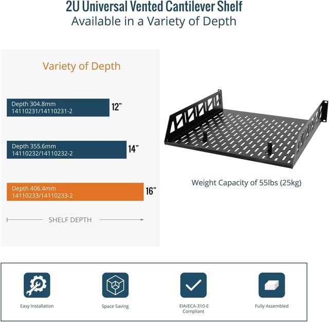 Alt view image 6 of 7 - Tecmojo 2 Pack 2U Rack Shelf,19 inch Rack Mount Shelf 16 inch Depth,with Anti-Slip Stops,Server Rack Shelf and Network Shelf for 19 in Equipments, 55lbs Capacity of Vented 2U Shelf,Black,No Lip