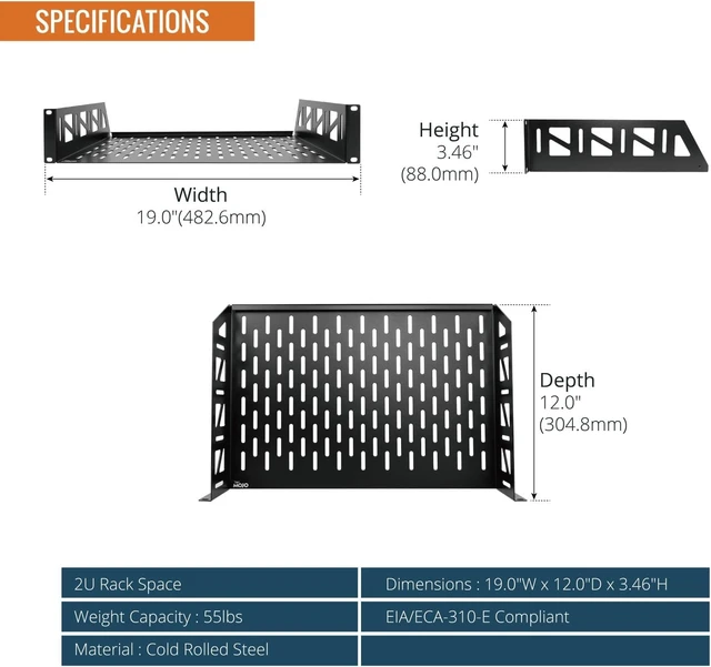 Alt view image 2 of 7 - Tecmojo 2 Pack 2U Rack Shelf,19 inch Rack Mount Shelf 12 inch Depth,with Anti-Slip Stops,Server Rack Shelf and Network Shelf for 19 in Equipments, 55lbs Capacity of Vented 2U Shelf,Black,No Lip