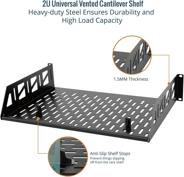 Alt view image 3 of 7 - Tecmojo 2 Pack 2U Rack Shelf,19 inch Rack Mount Shelf 12 inch Depth,with Anti-Slip Stops,Server Rack Shelf and Network Shelf for 19 in Equipments, 55lbs Capacity of Vented 2U Shelf,Black,No Lip