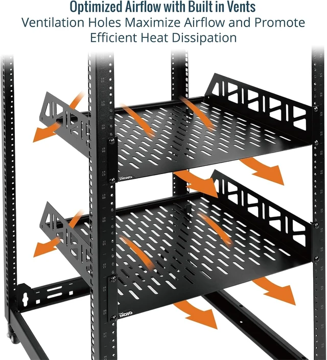 Alt view image 4 of 7 - Tecmojo 2 Pack 2U Rack Shelf,19 inch Rack Mount Shelf 12 inch Depth,with Anti-Slip Stops,Server Rack Shelf and Network Shelf for 19 in Equipments, 55lbs Capacity of Vented 2U Shelf,Black,No Lip
