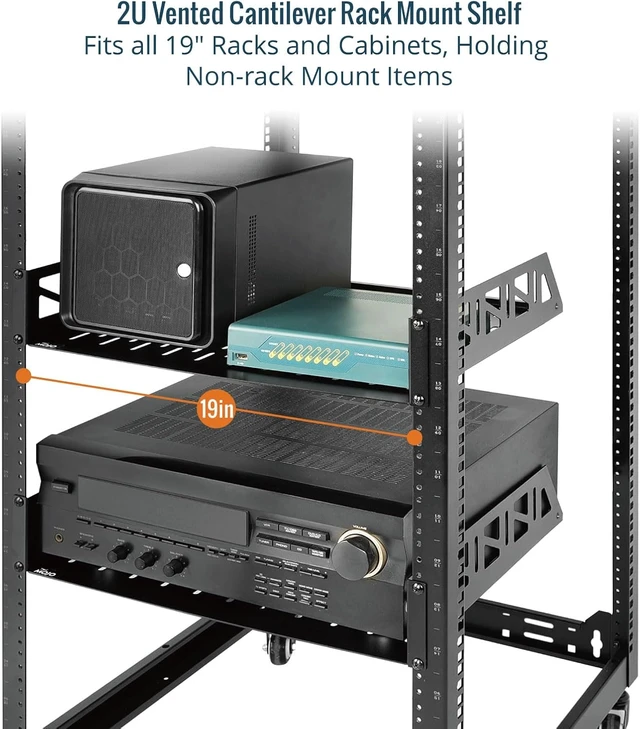 Alt view image 5 of 7 - Tecmojo 2 Pack 2U Rack Shelf,19 inch Rack Mount Shelf 12 inch Depth,with Anti-Slip Stops,Server Rack Shelf and Network Shelf for 19 in Equipments, 55lbs Capacity of Vented 2U Shelf,Black,No Lip