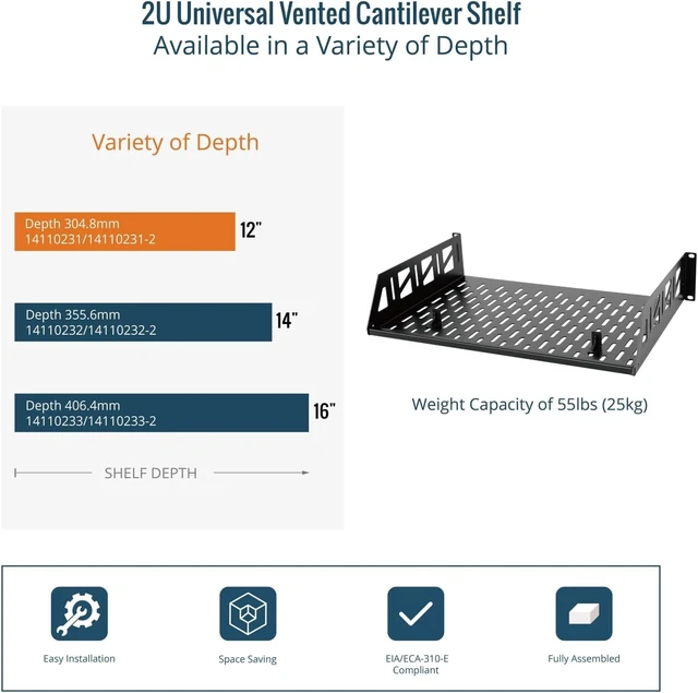 Alt view image 6 of 7 - Tecmojo 2 Pack 2U Rack Shelf,19 inch Rack Mount Shelf 12 inch Depth,with Anti-Slip Stops,Server Rack Shelf and Network Shelf for 19 in Equipments, 55lbs Capacity of Vented 2U Shelf,Black,No Lip
