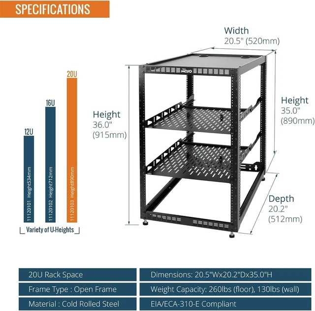 Alt view image 2 of 6 - Tecmojo 20U Open Frame Network Rack for IT & AV Gear, AV Rack Floor Standing or Wall Mounted,with 2 PCS 1U Rack Shelves & Mounting Hardware,Network Rack for 19" Networking,Audio and Video Device