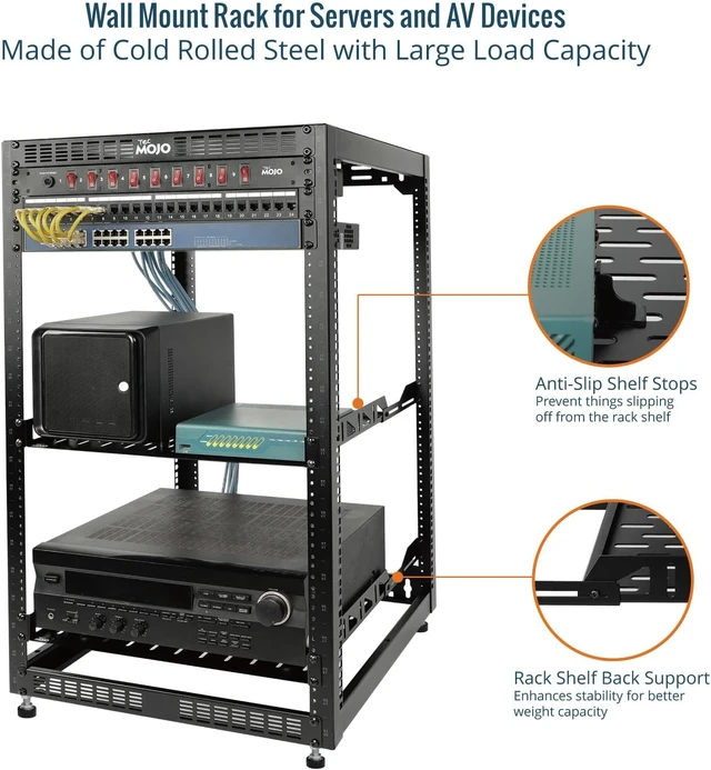 Alt view image 3 of 6 - Tecmojo 20U Open Frame Network Rack for IT & AV Gear, AV Rack Floor Standing or Wall Mounted,with 2 PCS 1U Rack Shelves & Mounting Hardware,Network Rack for 19" Networking,Audio and Video Device