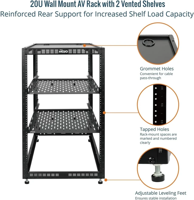Alt view image 4 of 6 - Tecmojo 20U Open Frame Network Rack for IT & AV Gear, AV Rack Floor Standing or Wall Mounted,with 2 PCS 1U Rack Shelves & Mounting Hardware,Network Rack for 19" Networking,Audio and Video Device