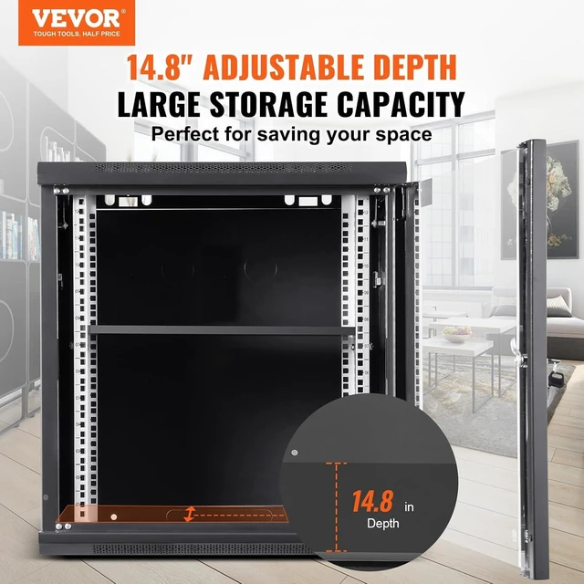 Alt view image 2 of 7 - VEVOR 12U Wall Mount Network Cabinet, 14.8'' Deep Server Rack Cabinet Enclosure, 200 lbs Max. Ground-Mounted Load Capacity, with Locking Glass Door Side Panels, for IT Equipment, A/V Devices