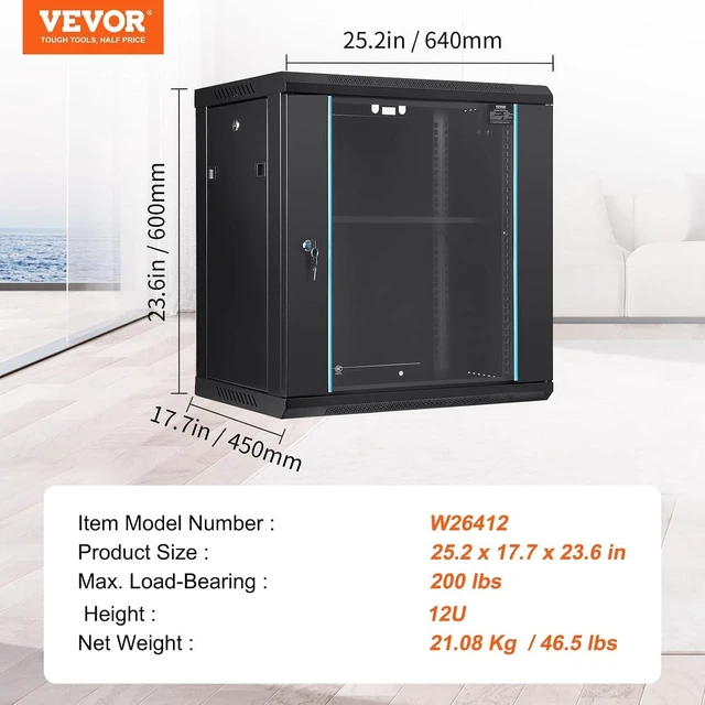 Alt view image 7 of 7 - VEVOR 12U Wall Mount Network Cabinet, 14.8'' Deep Server Rack Cabinet Enclosure, 200 lbs Max. Ground-Mounted Load Capacity, with Locking Glass Door Side Panels, for IT Equipment, A/V Devices