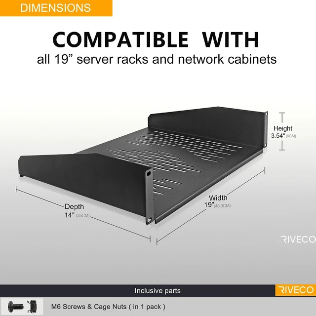 Alt view image 4 of 6 - RIVECO 2U 14" Vented Rack Shelf for 19" Server Network Cabinet Black