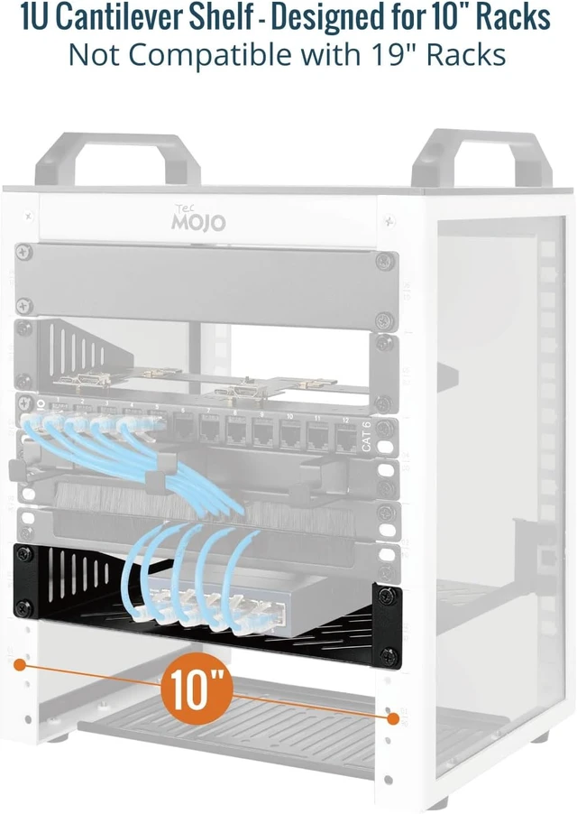 Alt view image 3 of 7 - Tecmojo 1U Rack Mount Shelf for 10" Server Rack, 7.87" Deep Vented Cantilever Tray, Metal Shelf for Network Cabinet, Server Enclosure, Enhanced Airflow, Black