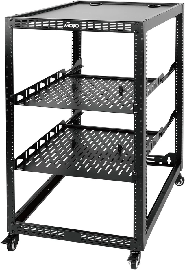 Main image of TECMOJO 20U Open Frame Network Rack for IT & AV Gear, 4-Post With Casters, Mobile With 2 PCS 1U Server Shelf & Mounting Hardware, for 19" Network, Audio and Video Device