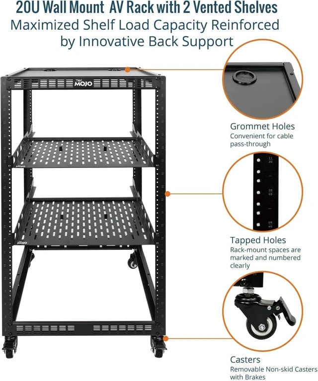 Alt view image 4 of 6 - TECMOJO 20U Open Frame Network Rack for IT & AV Gear, 4-Post With Casters, Mobile With 2 PCS 1U Server Shelf & Mounting Hardware, for 19" Network, Audio and Video Device