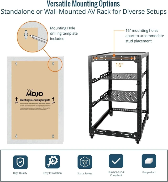 Alt view image 5 of 6 - TECMOJO 20U Open Frame Network Rack for IT & AV Gear, 4-Post With Casters, Mobile With 2 PCS 1U Server Shelf & Mounting Hardware, for 19" Network, Audio and Video Device
