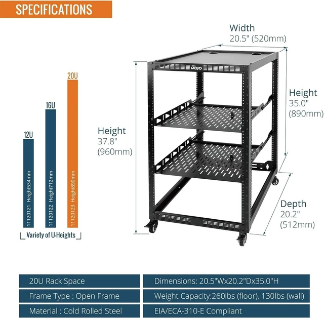 Alt view image 2 of 6 - TECMOJO 20U Open Frame Network Rack for IT & AV Gear, 4-Post With Casters, Mobile With 2 PCS 1U Server Shelf & Mounting Hardware, for 19" Network, Audio and Video Device