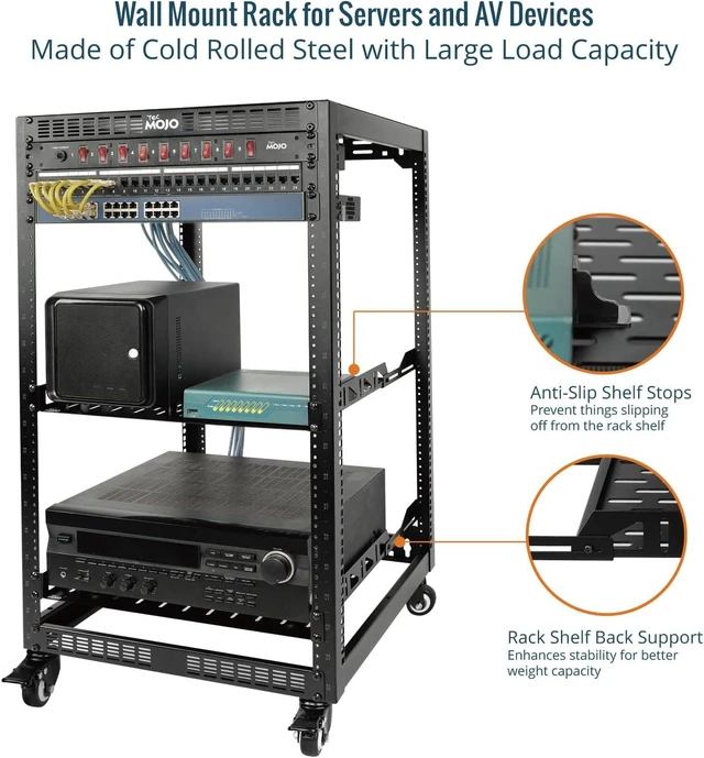 Alt view image 3 of 6 - TECMOJO 20U Open Frame Network Rack for IT & AV Gear, 4-Post With Casters, Mobile With 2 PCS 1U Server Shelf & Mounting Hardware, for 19" Network, Audio and Video Device