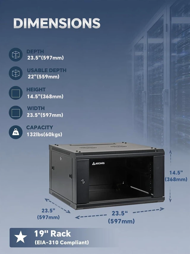 Alt view image 2 of 7 - AEONS 6U Wall Mount Server Rack Cabinet with Lockable Door and Side Panels