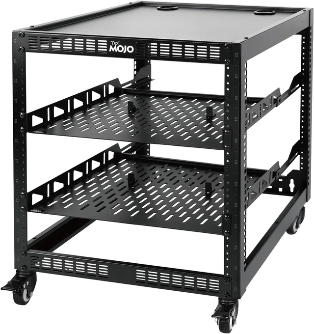 Main image of TECMOJO 12U Open Frame Network Rack for IT & AV Gear, 4-Post With Casters, Mobile With 2 PCS 1U Server Shelf & Mounting Hardware, for 19" Network, Audio and Video Device