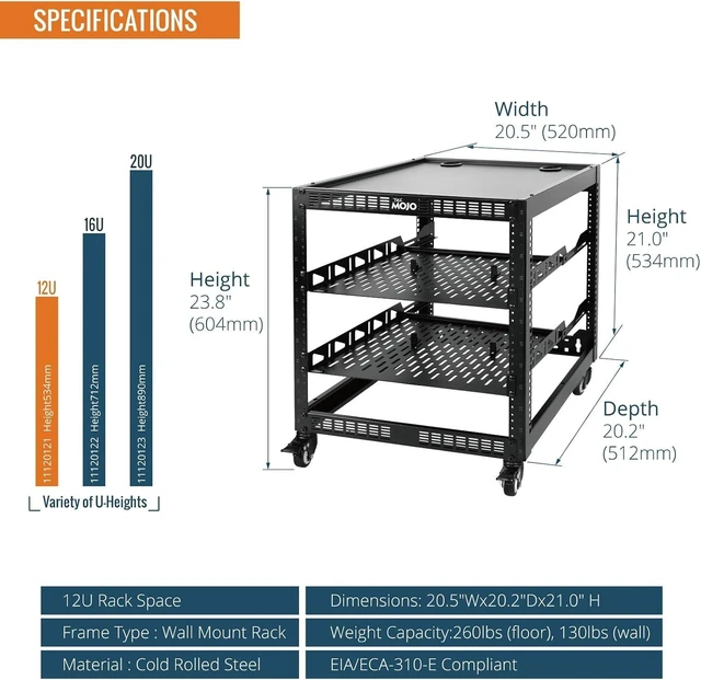 Alt view image 2 of 6 - TECMOJO 12U Open Frame Network Rack for IT & AV Gear, 4-Post With Casters, Mobile With 2 PCS 1U Server Shelf & Mounting Hardware, for 19" Network, Audio and Video Device