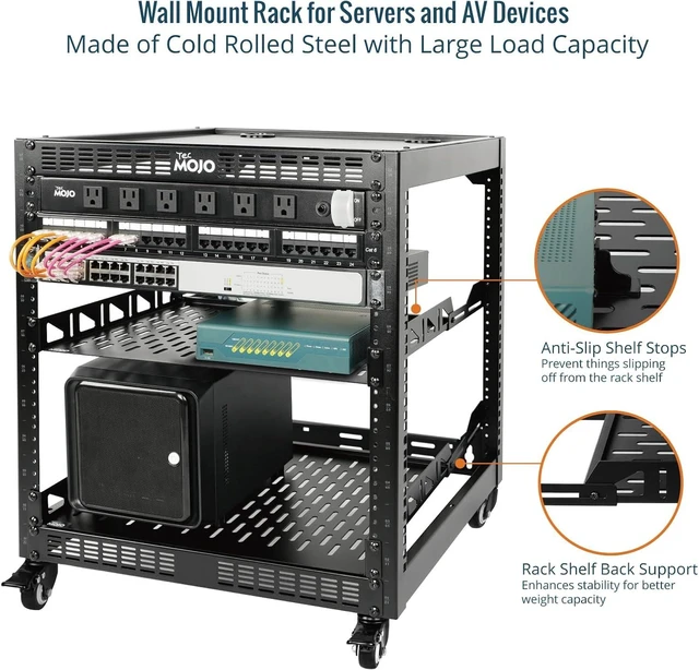 Alt view image 3 of 6 - TECMOJO 12U Open Frame Network Rack for IT & AV Gear, 4-Post With Casters, Mobile With 2 PCS 1U Server Shelf & Mounting Hardware, for 19" Network, Audio and Video Device