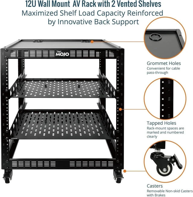 Alt view image 4 of 6 - TECMOJO 12U Open Frame Network Rack for IT & AV Gear, 4-Post With Casters, Mobile With 2 PCS 1U Server Shelf & Mounting Hardware, for 19" Network, Audio and Video Device