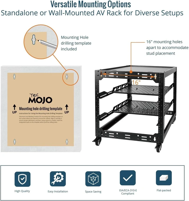 Alt view image 5 of 6 - TECMOJO 12U Open Frame Network Rack for IT & AV Gear, 4-Post With Casters, Mobile With 2 PCS 1U Server Shelf & Mounting Hardware, for 19" Network, Audio and Video Device