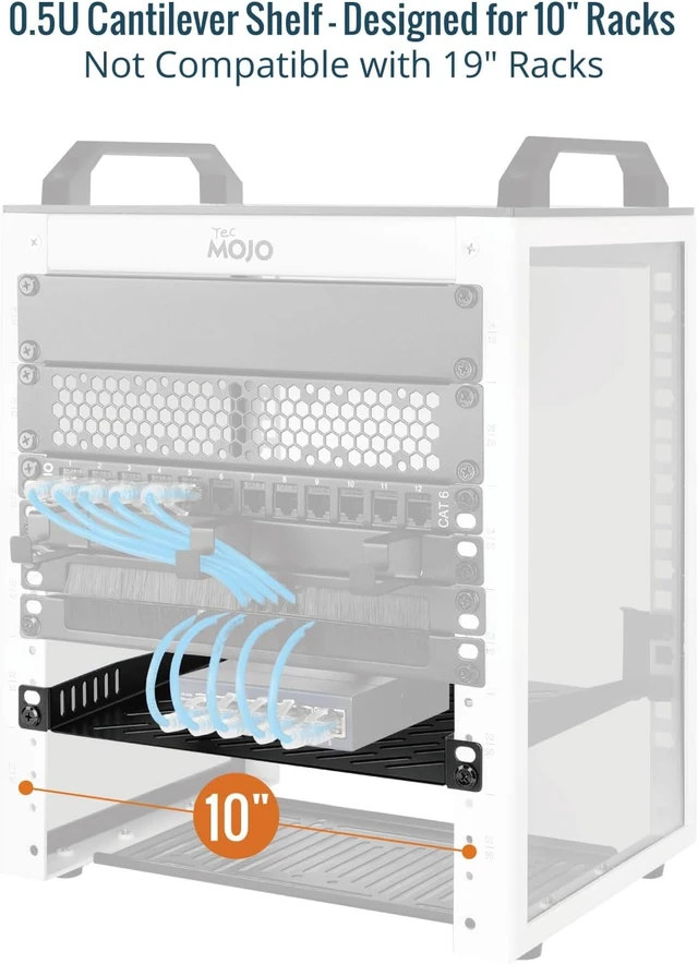 Alt view image 3 of 7 - Tecmojo 2 Pack 0.5U Rack Mount Shelf for 10" Server Rack, 7.87" Deep Vented Cantilever Tray, Metal Shelf for Network Cabinet, Server Enclosure, Enhanced Airflow, Black
