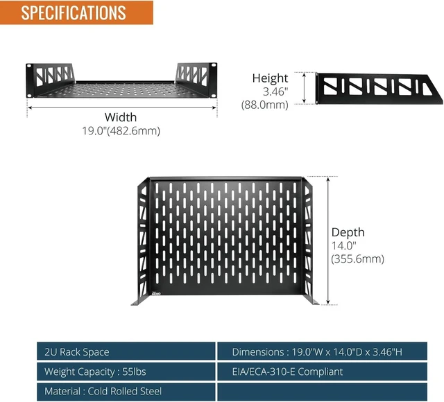 Alt view image 2 of 7 - Tecmojo 2 Pack 2U Rack Shelf,19 inch Rack Mount Shelf 14 inch Depth,with Anti-Slip Stops,Server Rack Shelf and Network Shelf for 19 in Equipments, 55lbs Capacity of Vented 2U Shelf,Black,No Lip