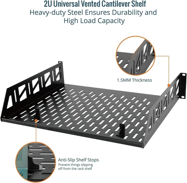 Alt view image 3 of 7 - Tecmojo 2 Pack 2U Rack Shelf,19 inch Rack Mount Shelf 14 inch Depth,with Anti-Slip Stops,Server Rack Shelf and Network Shelf for 19 in Equipments, 55lbs Capacity of Vented 2U Shelf,Black,No Lip