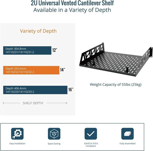 Alt view image 6 of 7 - Tecmojo 2 Pack 2U Rack Shelf,19 inch Rack Mount Shelf 14 inch Depth,with Anti-Slip Stops,Server Rack Shelf and Network Shelf for 19 in Equipments, 55lbs Capacity of Vented 2U Shelf,Black,No Lip