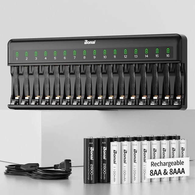 Main image of Bonai Rechargeable AA and AAA Batteries with Charger, 8 x 2800mAh AA & 8 x 1100mAh AAA & 16 Bay Advanced Individual Fast Battery Charge with American AC Plug