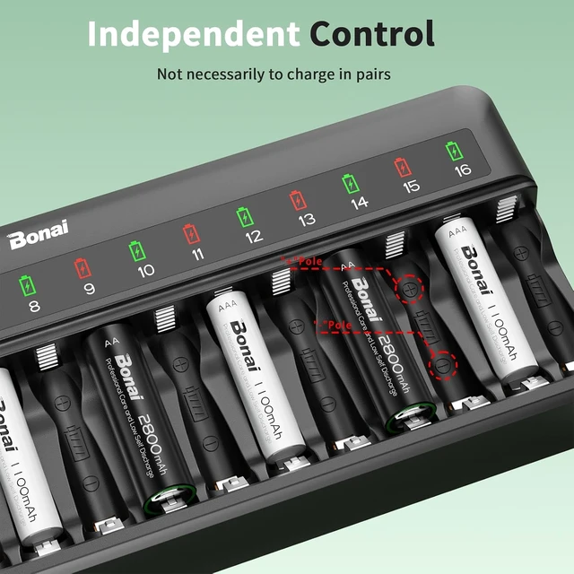 Alt view image 5 of 7 - Bonai Rechargeable AA and AAA Batteries with Charger, 8 x 2800mAh AA & 8 x 1100mAh AAA & 16 Bay Advanced Individual Fast Battery Charge with American AC Plug