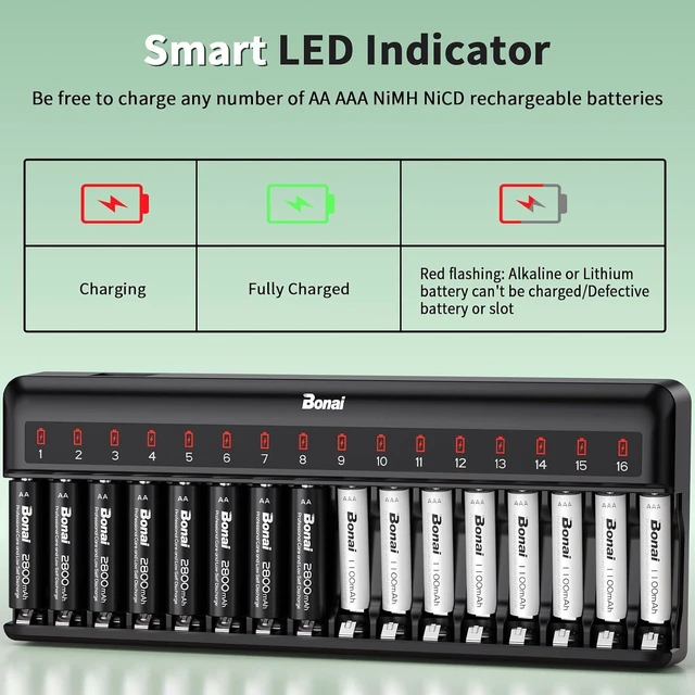 Alt view image 6 of 7 - Bonai Rechargeable AA and AAA Batteries with Charger, 8 x 2800mAh AA & 8 x 1100mAh AAA & 16 Bay Advanced Individual Fast Battery Charge with American AC Plug