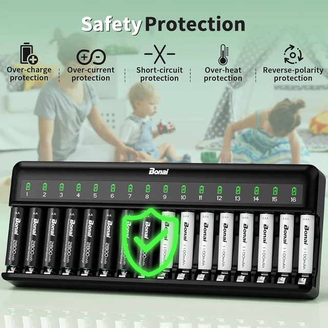 Alt view image 7 of 7 - Bonai Rechargeable AA and AAA Batteries with Charger, 8 x 2800mAh AA & 8 x 1100mAh AAA & 16 Bay Advanced Individual Fast Battery Charge with American AC Plug