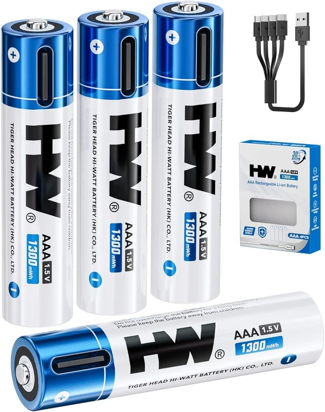 Main image of HW Rechargeable AAA Lithium Batteries 4-Pack, 1.5V 1300mWh USB-C