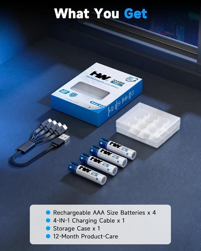 Alt view image 7 of 7 - HW Rechargeable AAA Lithium Batteries 4-Pack, 1.5V 1300mWh USB-C