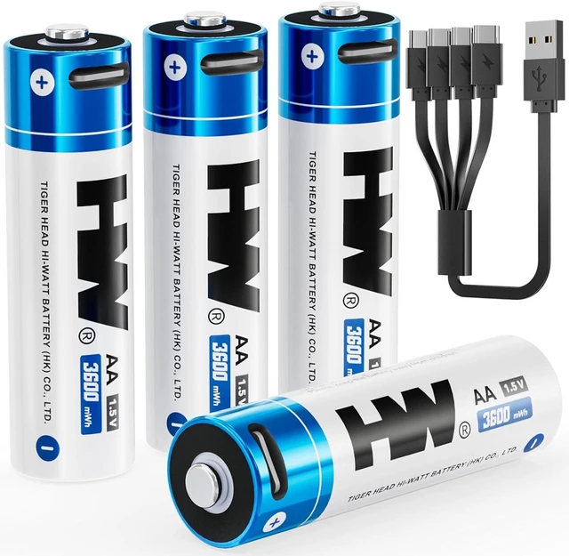 Main image of HW Rechargeable AA Lithium Batteries 4-Pack, 1.5V 3600mWh USB-C