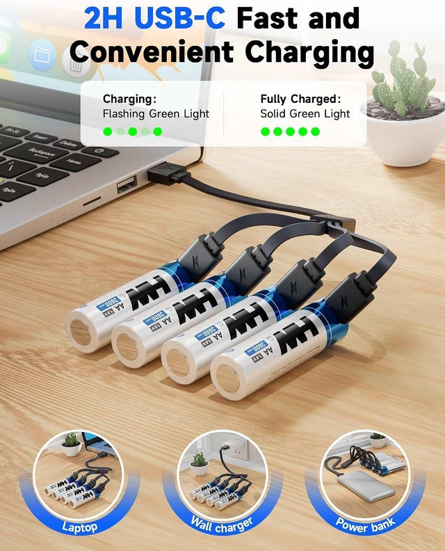 Alt view image 3 of 7 - HW Rechargeable AA Lithium Batteries 4-Pack, 1.5V 3600mWh USB-C