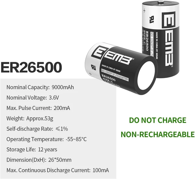 Alt view image 2 of 7 - EEMB ER26500 10PACK 3.6V 9000mAh C Size Non-Rechargeable Lithium Battery