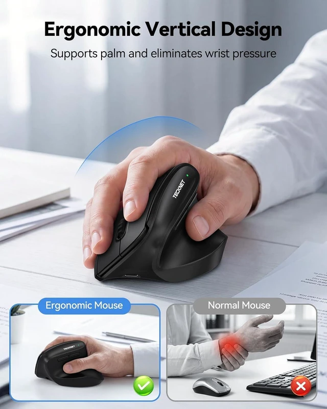 Alt view image 2 of 7 - TECKNET Ergonomic Wireless Bluetooth Mouse, Silent Rechargeable Vertical Mouse(BT 5.0/5.0+2.4G), 5-Level 4800 DPI, 200H Long Battery Life, Quiet Clicks, 2.4GHz with USB A Receiver, Wide Compatibility
