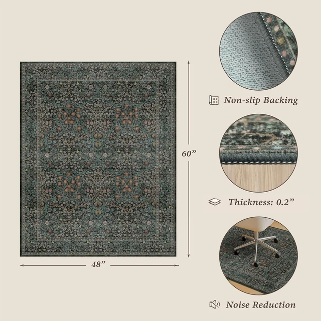 Alt view image 2 of 7 - JTJ 48"x60" Office Chair Mat for Hardwood Floors, Dark Green Vintage Rug