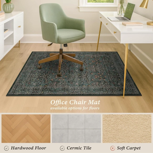 Alt view image 6 of 7 - JTJ 48"x60" Office Chair Mat for Hardwood Floors, Dark Green Vintage Rug